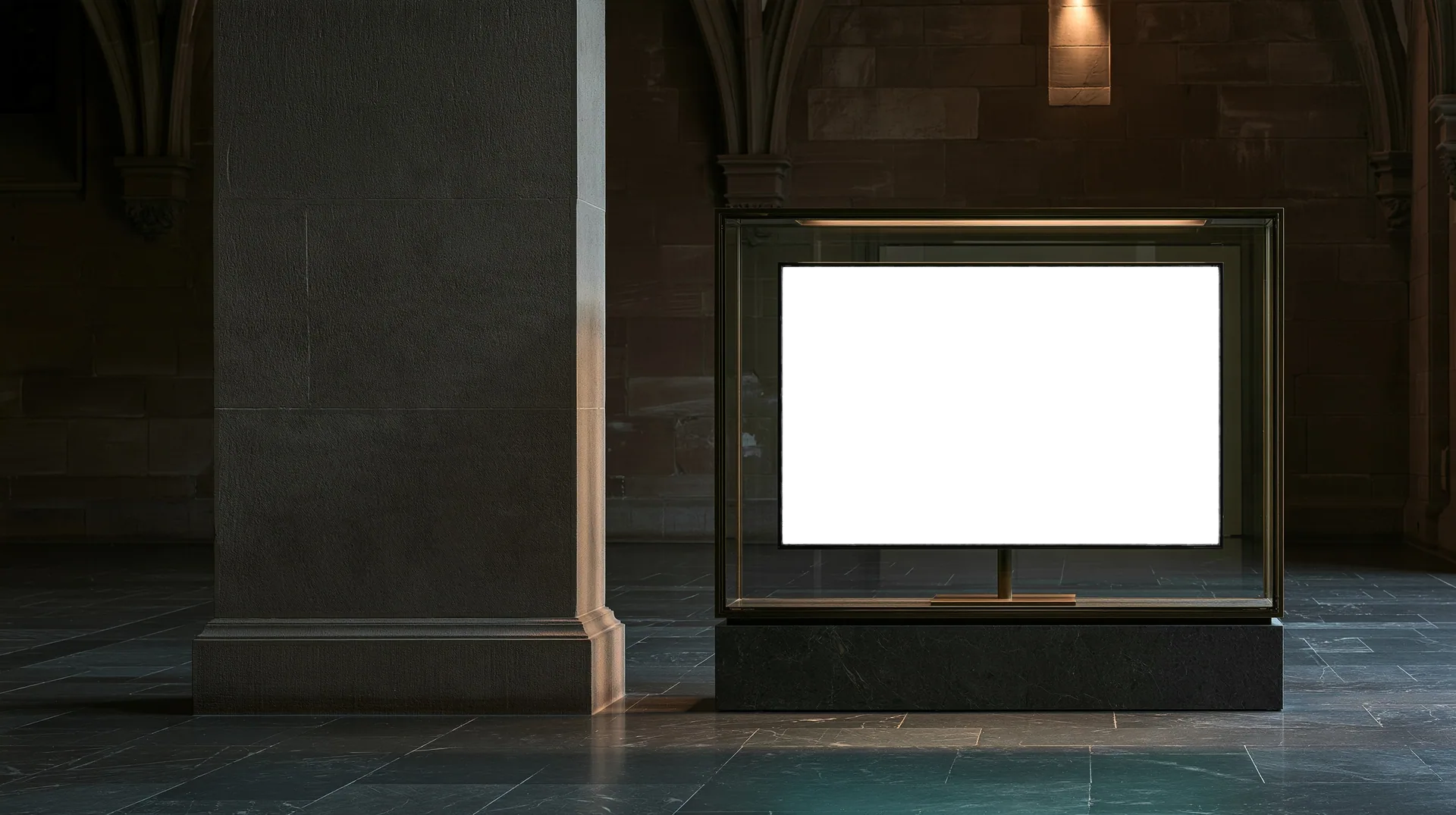 A vaulted stone passage at night, lined with lit glass display cases