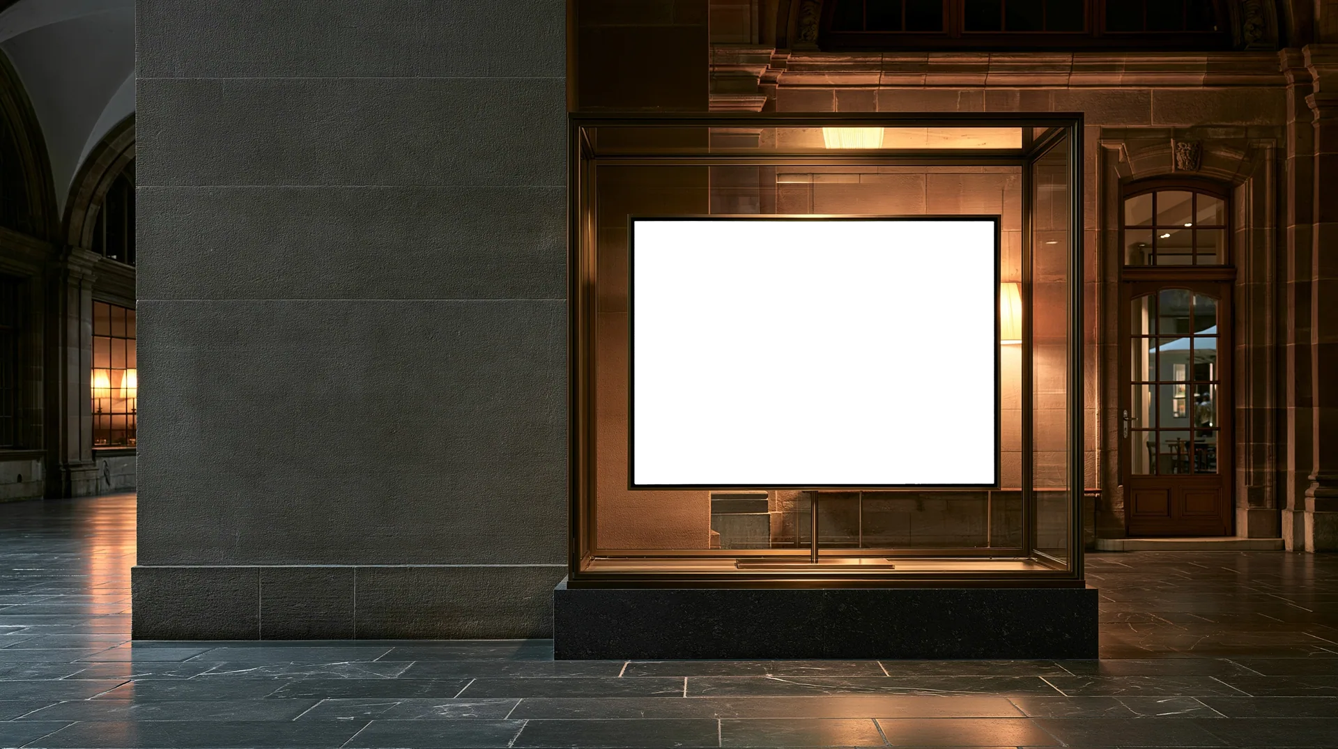 A vaulted stone passage at night, lined with lit glass display cases