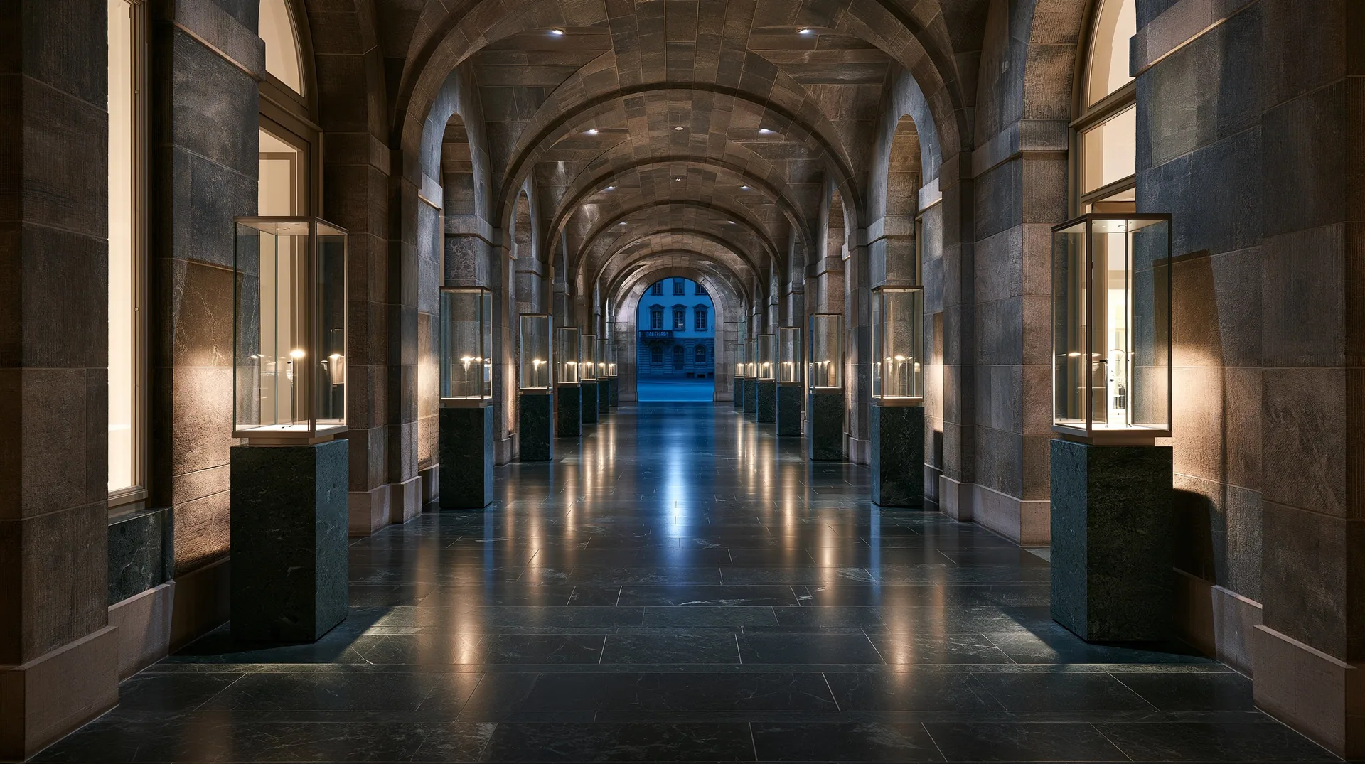 A vaulted stone passage at night, lined with lit glass display cases