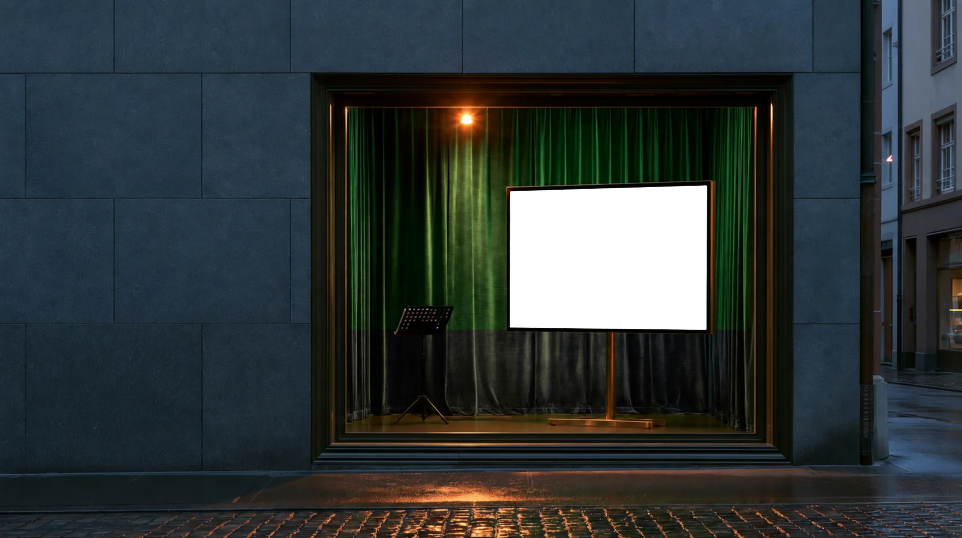 A shop window with a green velvet curtain and a music stand, a screen showing Jonathan Leibovitz’s website
