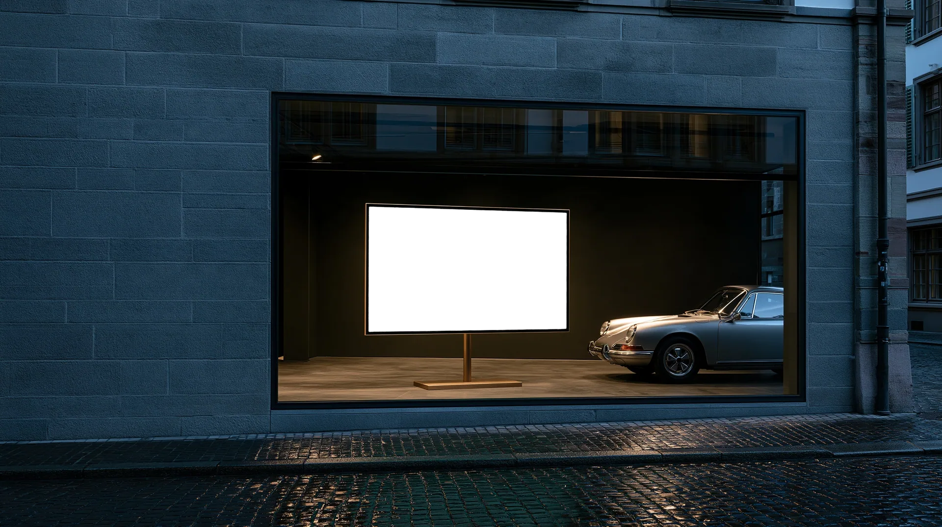 A dark car showroom on an old town street at dusk, a silver classic coupé beside a screen showing the Seefeld Automobile website