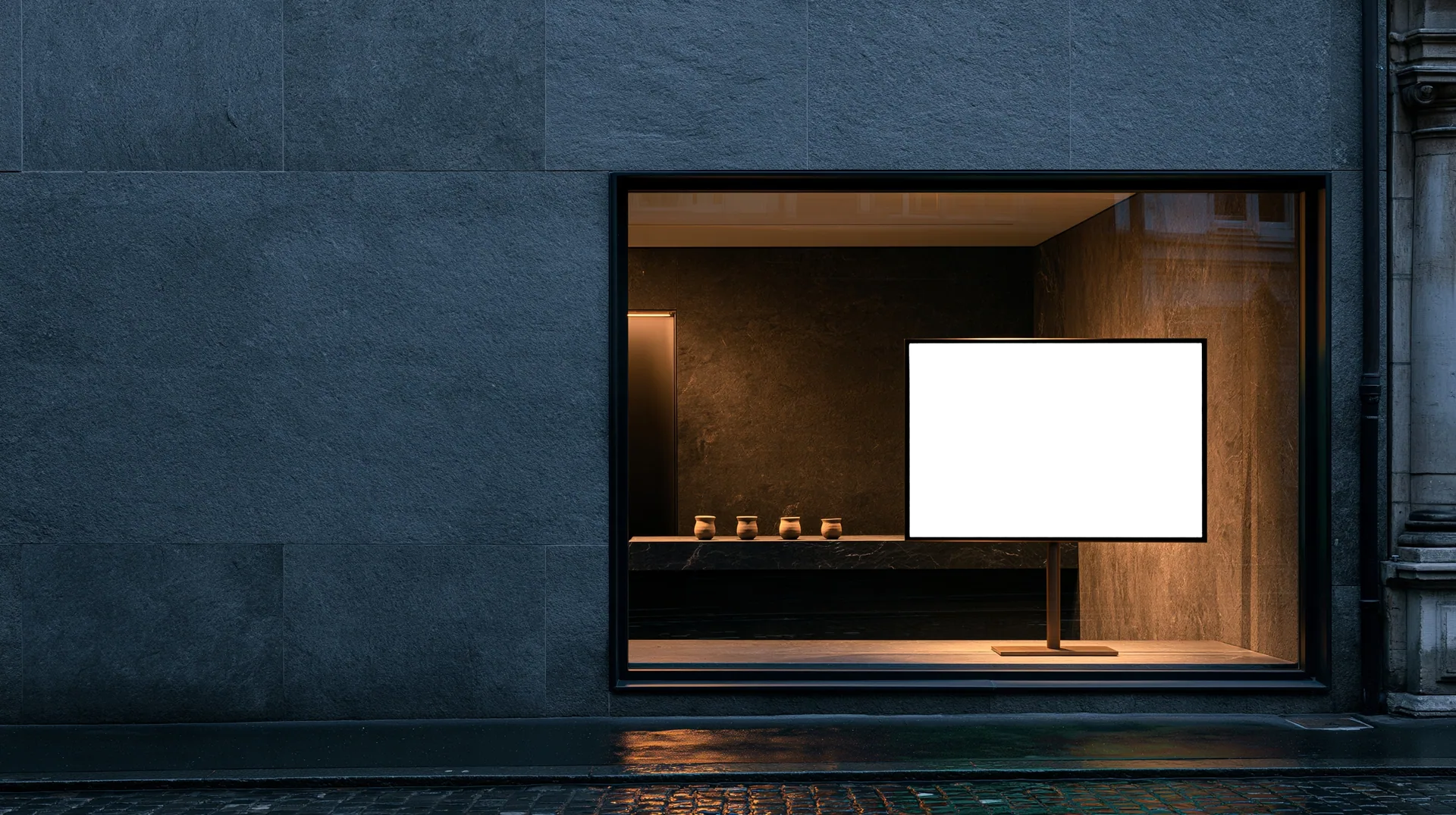 A narrow shop window of a coffee roastery at dusk, handmade cups on a dark stone ledge beside a screen showing the Still website