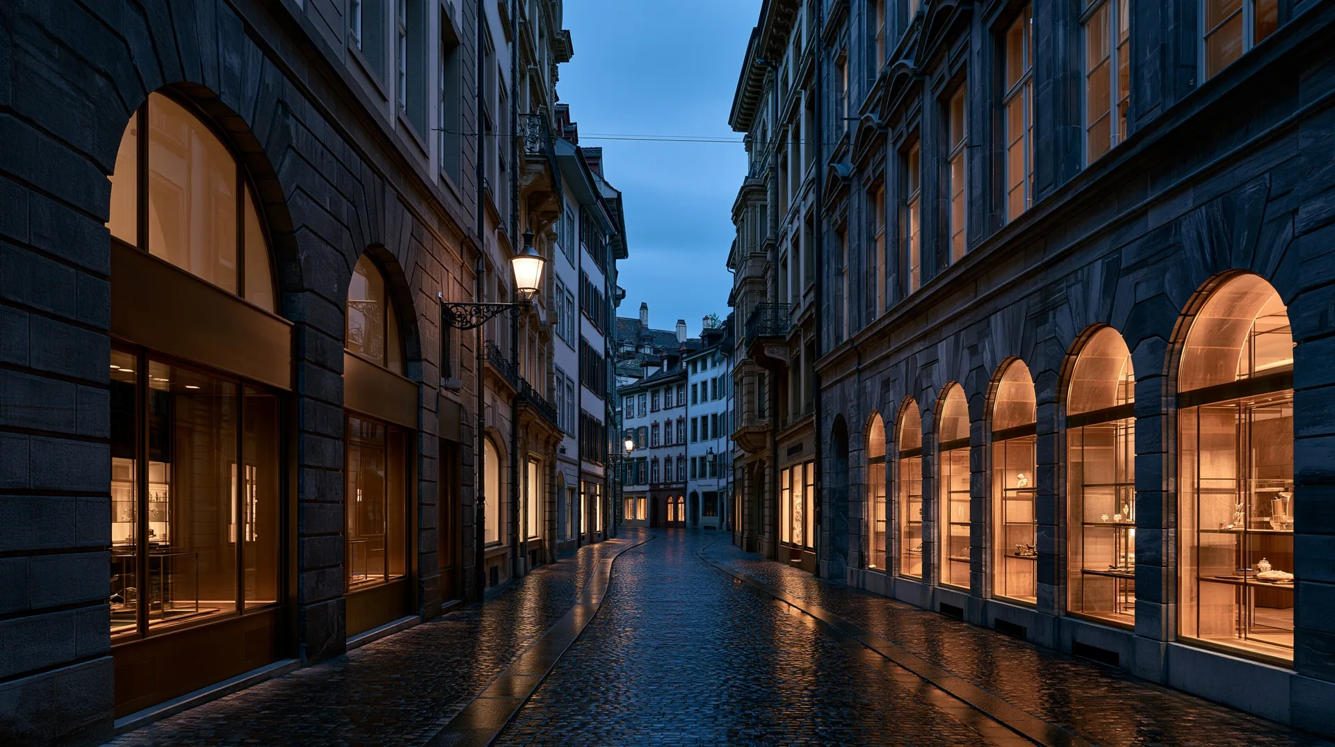 A narrow cobbled lane in the old town of Basel at blue hour, shop windows glowing along both sides