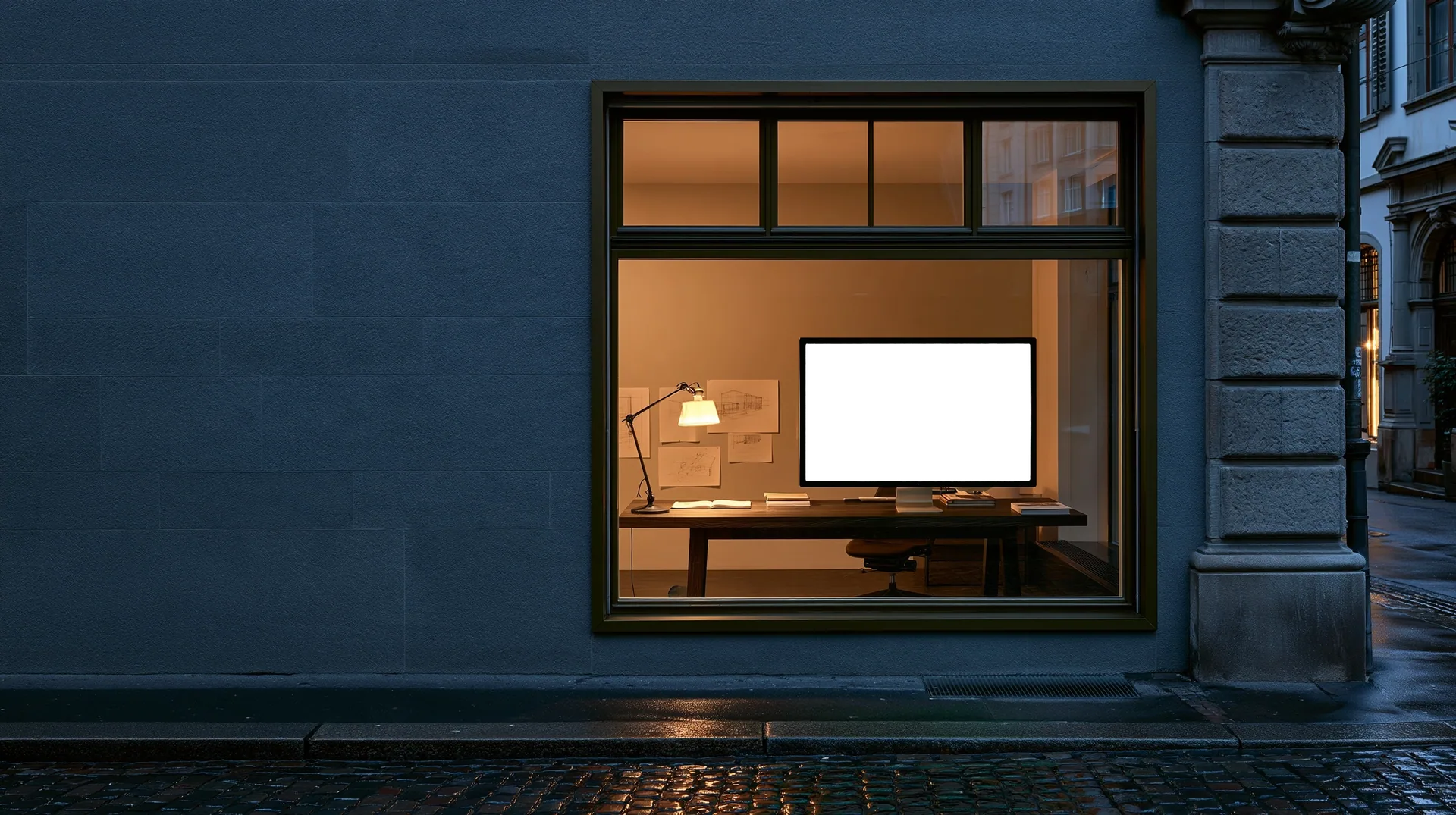 A small design studio seen through its window at night: a desk, a lamp, drawings on the wall and the Keshet mark on the monitor